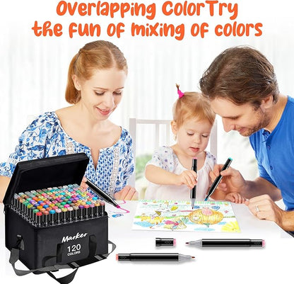 Alcohol Based Ink Art Markers, 120 Colors Broad&Fine Dual Tip Permanent Markers Pen Set for Professional Student Child Coloring Illustrations Sketch Drawing Painting Card Making (Black)