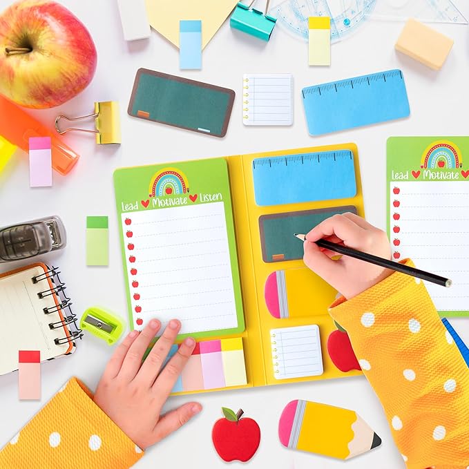 Teacher Themed Sticky Notes Set - Blackboard Pencil Apple Shape Self-Stick Note Pads Teacher Appreciation Gift Writing Memo Pads Page Marker Back to School Office Supplies, 550 Sheets (Yellow)