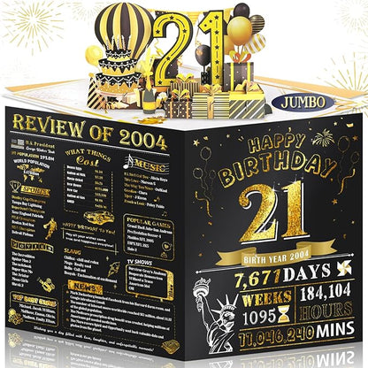 21st Birthday Card for Son Grandson, Jumbo 3D Pop Up 21st Birthday Cards for Boy Girl, Happy 21 Year Old Her Him Daughter Funny Bday Gifts, Review of 2004, Black Gold