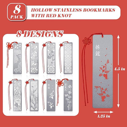 Outus 8 Pieces Hollow Art Metal Bookmarks for Wedding Men Teachers Employee Appreciation Gift Stainless Steel Bookmarks with Red Knot Theme Bookmarks for Book Reading Presents, 4.5 x 1.25 Inch