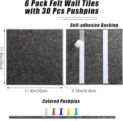 Large Cork Board 36" x 24", 6 Pack Felt Wall Tiles with Colored 30 Pcs Pushpins, Bulletin Board with Removable Self-Adhesive Strips, Pin Board Cork Boards for Walls Office Home-Dark Gray
