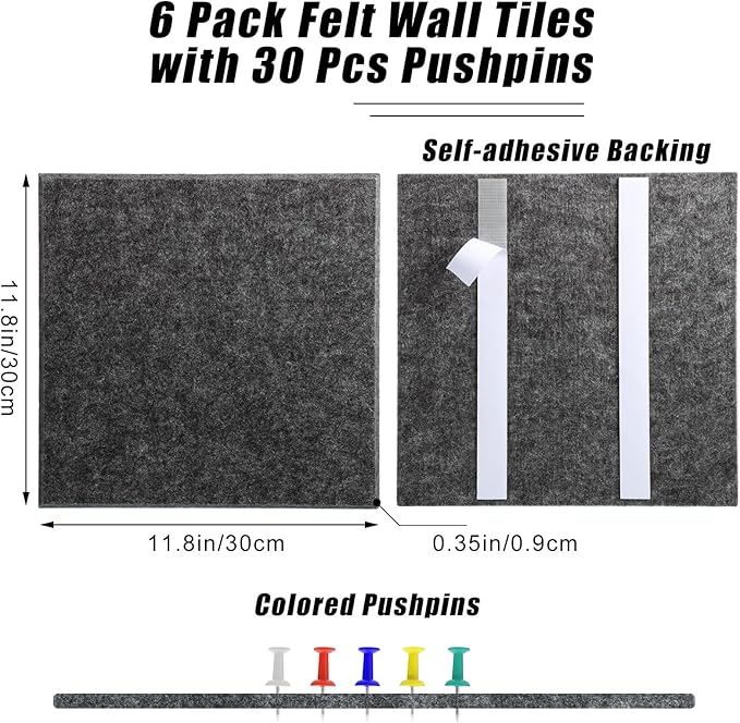 Large Cork Board 36" x 24", 6 Pack Felt Wall Tiles with Colored 30 Pcs Pushpins, Bulletin Board with Removable Self-Adhesive Strips, Pin Board Cork Boards for Walls Office Home-Dark Gray