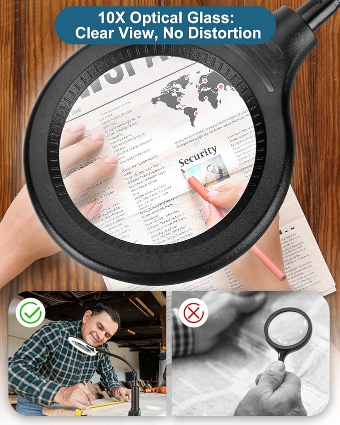 10X Magnifying Glass with Light and Stand, LED 5 Color Modes, Brightness Stepless Dimming Lighted Magnifier Hands Free, Flexible Gooseneck Desk Lamp with Clamp for Close Works, Crafts, Hobby, Painting