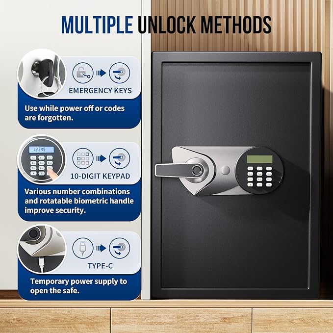 BlackSmith Large Home Safe Box 2.0 Cub Biometric Safe Fingerprint Recogntion Security Safe with Removable Shelf LED Light Fireproof Bag Wall Mount Cabinet Safe for Home Office Hotel