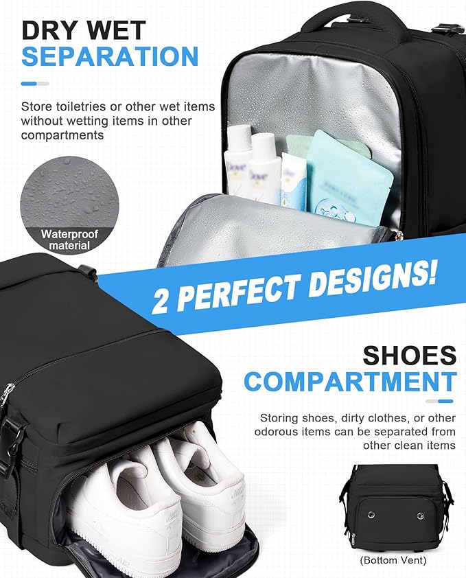 Small Black Backpack for Travel, Carry on Backpack for Men Women, Laptop Backpack with 14-15.6 inch Laptop Compartment, Flight Approved Water Resistant College Luggage Daypack with Shoe Compartment