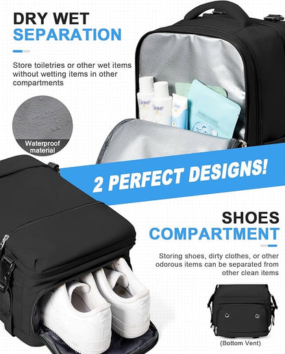Small Black Backpack for Travel, Carry on Backpack for Men Women, Laptop Backpack with 14-15.6 inch Laptop Compartment, Flight Approved Water Resistant College Luggage Daypack with Shoe Compartment