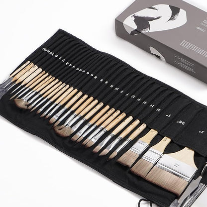 ARTIFY 30-Piece Expert Paint Brush Set, Upgraded Version, Complete Range of Sizes, Enhanced Synthetic Brushes with Canvas Roll and Palette Knife for Acrylic, Oil, Watercolor, and Gouache