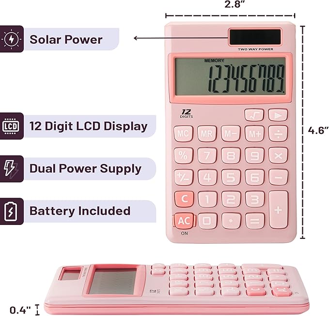 Mr. Pen- Standard Function Calculator, 12 Digits, Small Calculator, Light Pink Solar Calculator, Pocket Calculator, Simple Calculator, Basic Office Calculators, Solar Handheld Calculator