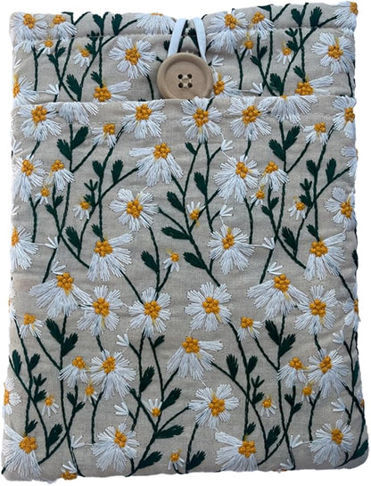 Embroidered White Daisy Book Sleeve. Book Cover/Protector