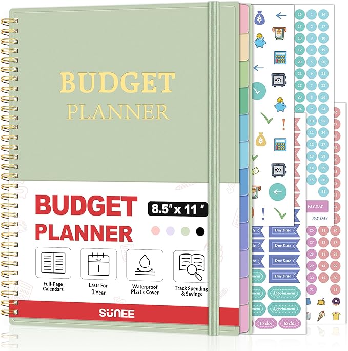 SUNEE Budget Planner - Monthly Budget Book with Expense Tracker Notebook, A4(8.5" x 11") Undated 12 Month Bill Organizer & Finance Planner to Manage Your Money, Account Book with Colorful Tab, Green
