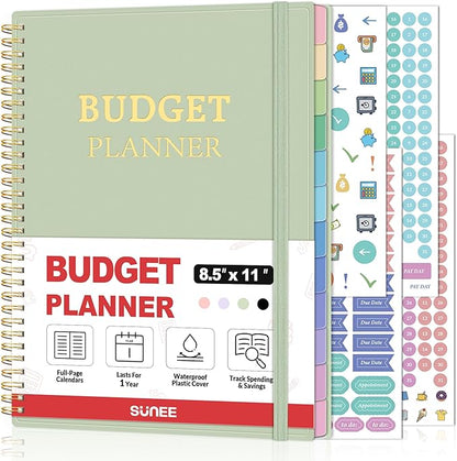 SUNEE Budget Planner - Monthly Budget Book with Expense Tracker Notebook, A4(8.5" x 11") Undated 12 Month Bill Organizer & Finance Planner to Manage Your Money, Account Book with Colorful Tab, Green