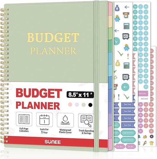 SUNEE Budget Planner - Monthly Budget Book with Expense Tracker Notebook, A4(8.5" x 11") Undated 12 Month Bill Organizer & Finance Planner to Manage Your Money, Account Book with Colorful Tab, Green