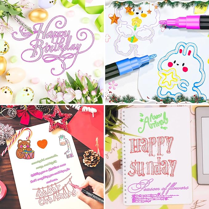 Caliart Easter Basket Stuffers, 12-Color Shimmer Double-Line Drawing Doodle Outline Markers, Teen Girl Gifts Trendy Stuff, Glitter Pens Set Classroom Art Supplies for 4-6-8-10-12 Year Old