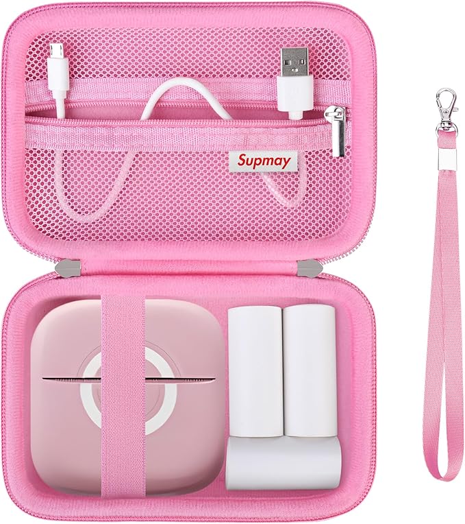 Hard Travel Case for Cabaro Mini Printer Sticker Thermal Printer, Bluetooth Portable Phone Printer Storage Holder Protection Case with Zipper Mesh Pocket fit Rolls Paper, Charging Cable, Pink