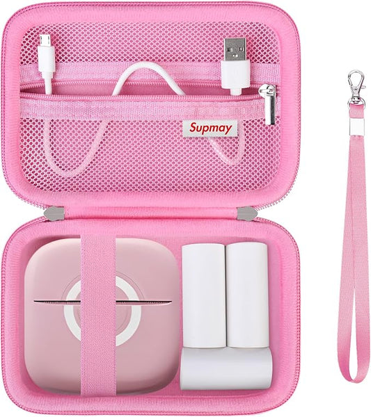 Hard Travel Case for Cabaro Mini Printer Sticker Thermal Printer, Bluetooth Portable Phone Printer Storage Holder Protection Case with Zipper Mesh Pocket fit Rolls Paper, Charging Cable, Pink