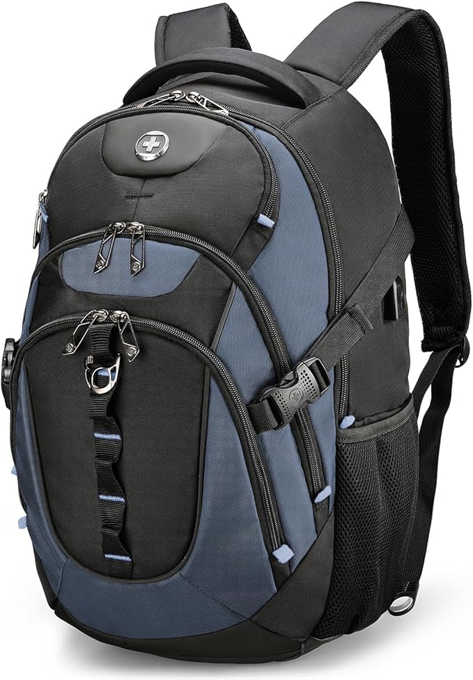 Swissdigital Design Large Business Laptop Backpack with Smart USB Charging Port Travel Backpack Fits 15.6 inches laptops (VECTOR SD803-16 Haze Blue/Black) One Nation One World