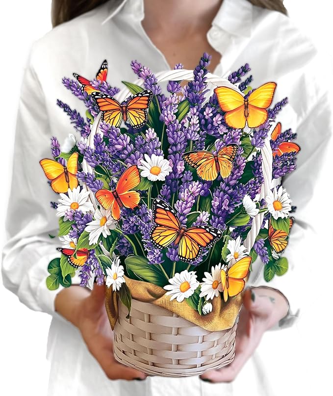 Freshcut Paper Pop Up Cards, Lavender & Butterflies, 12 Inch Life Sized Forever Flower Bouquet 3D Popup Greeting Card, Birthday & Thank You Card, Blank Notecard & Envelope