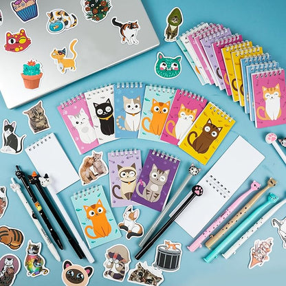 148 Pcs Cat Animal Party Favors Bulk Cat Mini Spiral Notepads Cat Pens Stickers Set for PET Birthday Party Classroom School Reward Gift Prizes Goodie Bags Stuffers