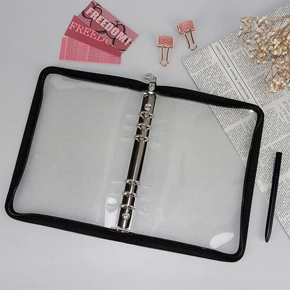 Multibey A5 Binder Cover Clear Soft PVC 6-Ring Binder Budget Evelopes System with Zipper Planner Organizer Refillable Notebook Journal Binder (Black, A5)