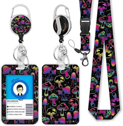 Teacher Lanyards for ID Badges and Keys, Retractable ID Badge Holder with Lanyard, Cute Mushroom Badge Reel Heavy Duty with 360 Degrees Rotate Carabiner Clip, Nurse Student Office Gifts