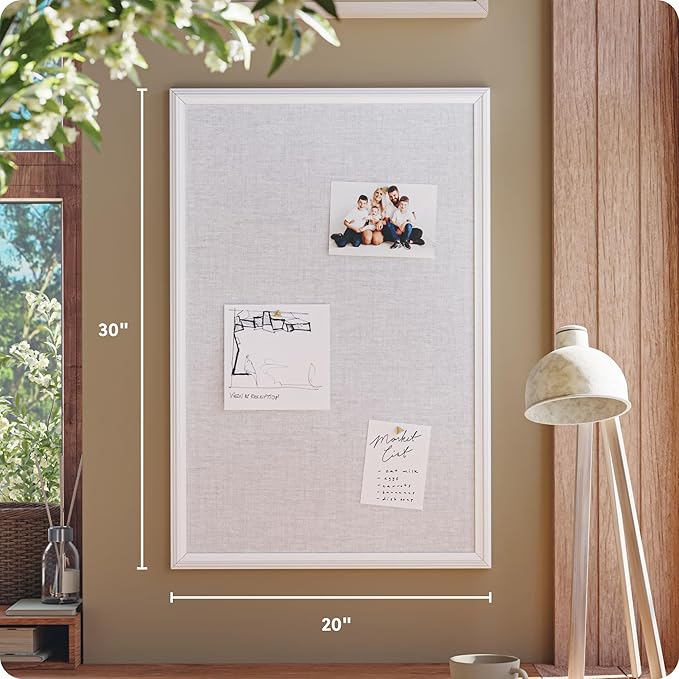 U Brands Farmhouse Linen Bulletin Board, 30"x20", White Wood Style Frame, Includes Push Pins