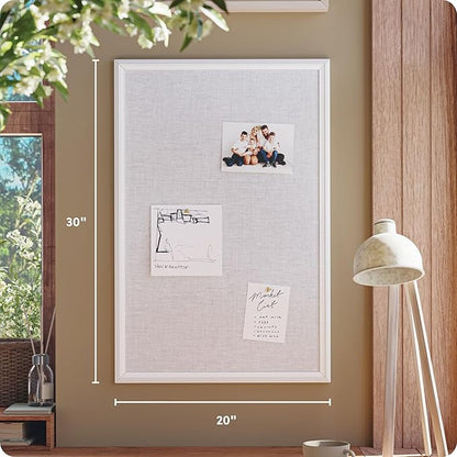 U Brands Farmhouse Linen Bulletin Board, 30"x20", White Wood Style Frame, Includes Push Pins