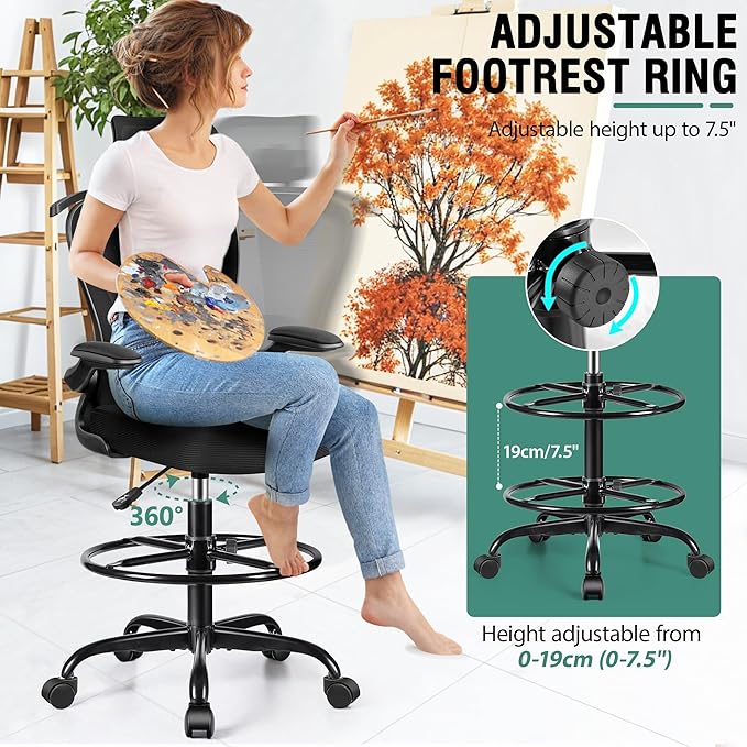 Drafting Chair, Tall Office Chair with 3D Lumbar & Head Support, Ergonomic Mesh Standing Desk Chair with Footring, Comfy Extended High Desk Chair with Flip-Up Arms & Hanger (Black)