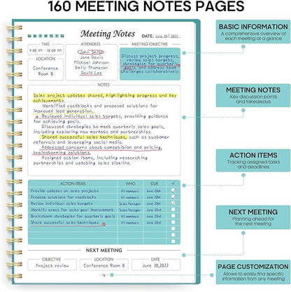 Meeting Notebook For Work Organization - Work Planner Notebook With Action Items, Agenda Planner For Note Taking, 160Pages (6.9" X 9.9") Project Planner For Men & Women - Blue