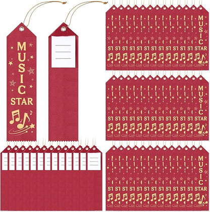 50 Pcs Music Star Ribbons 8 x 2 Inches Maroon Ribbons with Cards and Strings Music Prizes Bookmark Style Awards for Singing Competitions Class Activities Concerts