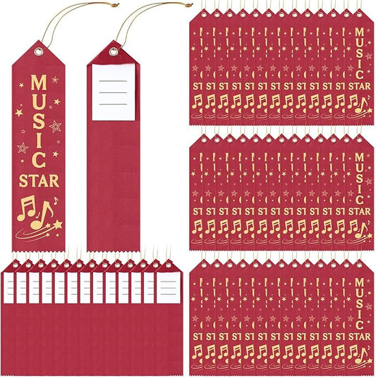 50 Pcs Music Star Ribbons 8 x 2 Inches Maroon Ribbons with Cards and Strings Music Prizes Bookmark Style Awards for Singing Competitions Class Activities Concerts