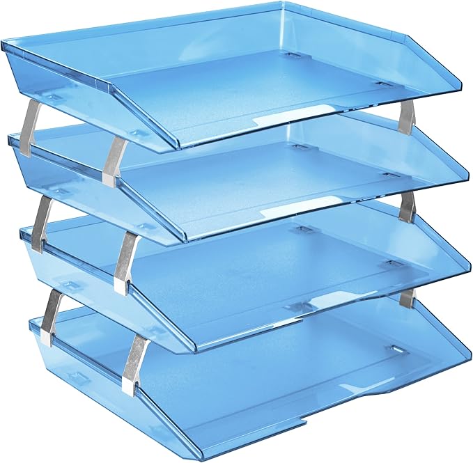 Acrimet 4 Tier Side Load Letter Tray Facility, Desktop File Organizer, A4 Letter Size Paper Organizer, Minimalist Storage Solution Paper Tray for Office, Home, Classroom (Plastic, Clear Blue Color)