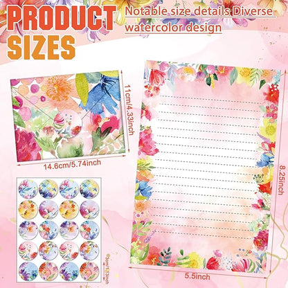 TaoBary 160 Packs Stationery Paper Set (50 Double Sided Stationery Writing Papers 50 Matching Envelopes) 60 Round Dot Sticker, 10 Design(Watercolor Flowers,5.5 x 8.25 Inch)