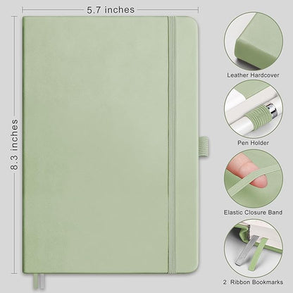 RETTACY Journaling Notebooks, A5 Lined Notebook Journal with 320 Numbered Pages, 5.7'' × 8.3'', Medium Size, Journal Notebook for Writing, Work, Leather Hardcover, 100 GSM Thick Paper (Light Green)