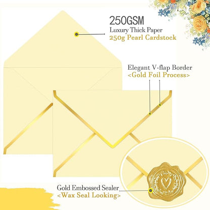 60 Pack Gold Envelopes 5x7 Bulk, 250G Pearled Cardstock A7 Envelopes for Invitations Business Mailing Envelope with Gold Foil Border, A6 4x6 Envelopes for Wedding Baby Shower Cards (Gold)