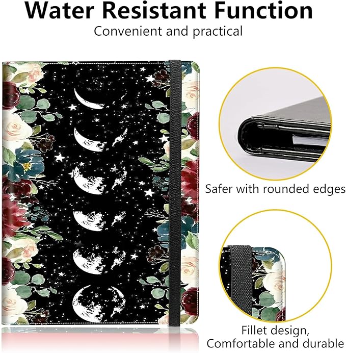 PU Leather Padfolio Clipboard Notepad with Pen Loop and Elastic Strap Interview/Resume Document Organizer for Business School Office,Moon Wild Floral