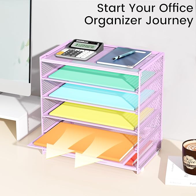 6 Tier Paper Organizer, Metal Mesh Desk File Organizer, Letter Tray Organizer, Paper Sorter Desk Organizer for Office, Home or School File Folder Holder - Purple