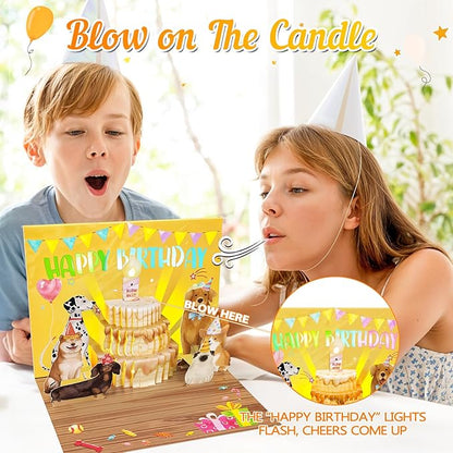 Birthday Cards, Dog Funny Blowable Candle Pop up Greeting Card with Lights Music, Birthday Gifts for Women Men Dog Lover Mom or Dad