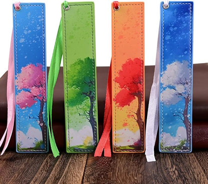 ZQZYMXQ 4Pcs Leather Cute Bookmarks for Women Girls, Aesthetic Pretty Bookmarks Four Season Tree Book Lover Gifts Teacher Gifts (Season Tree)