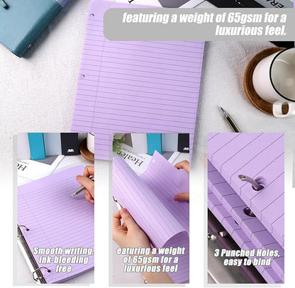 HIBOX 100 Sheets Wide Ruled Loose Leaf Paper, 8x10.5 Inch, 3-Hole Punched, Purple Filler Paper for School & Office