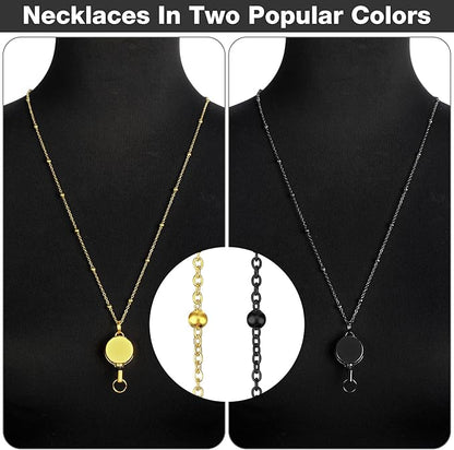 Outus 2 Pieces Badge Lanyard with ID Holders Stainless Steel Badge Holders Necklace Retractable Reel Clip Chain Water Resistant Name(Gold, Black)