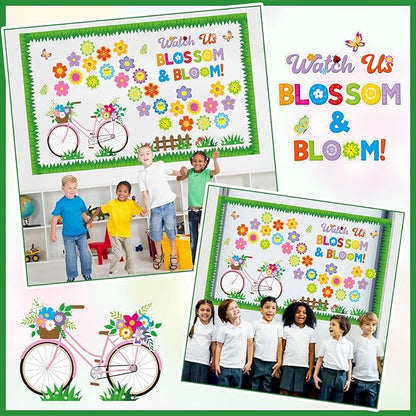 Kosiz Spring Bicycle Bulletin Board Decorations Set Flower Butterfly Bike Paper Cutouts Watch Us Blossom Bloom Classroom Decorations with Green Borders for School Chalkboard Wall Door Home