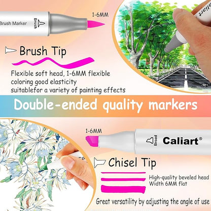 Caliart 101 Colors Brush & Chisel Alcohol Markers for Adult Coloring Book, Dual Tip Artist Sketch Art Markers, Aesthetic Cute Preppy Stuff School Supplies, Pens for Lettering Drawing Cards Planner