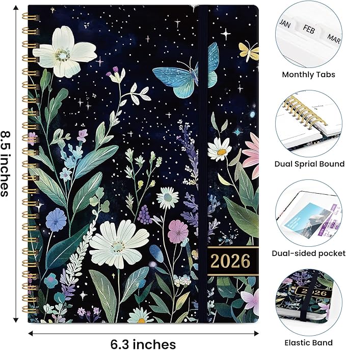 2026 Planner, Weekly and Monthly Planner for Women, January 2026 to December 2026, Pretty Hardcover 2026 Calendar Planner Book with Tabs, Inner Pocket, Spiral Bound, Perfect Office Home School Supplies - 6.3" x 8.5", Celestial