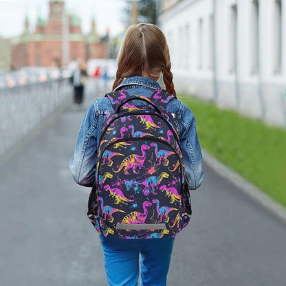 MNSRUU Laptop Backpack with Chest Strap, Neon Funny Dinosaurs School Backpack, Travel Hiking Backpack for Boys Girls Teen Adult, Rucksack, Knapsack