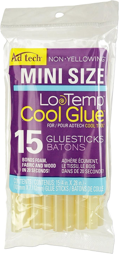 AdTech Ultra Low Temp Cool Glue Sticks, Mini 4-Inch – 15-Pack for Safe Crafting & DIY, Fast Bonding, Ideal for Delicate Materials, Fits Low Temp Mini Glue Guns, Made in USA
