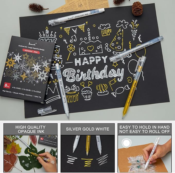 White Gold and Silver Gel Pen Set, 1mm Extra Fine Point Pens Gel Ink Pens Opaque Archival Ink Pens for Black Paper Drawing, Sketching,Card Making, Illustration, Bullet Journaling, 8 Pack