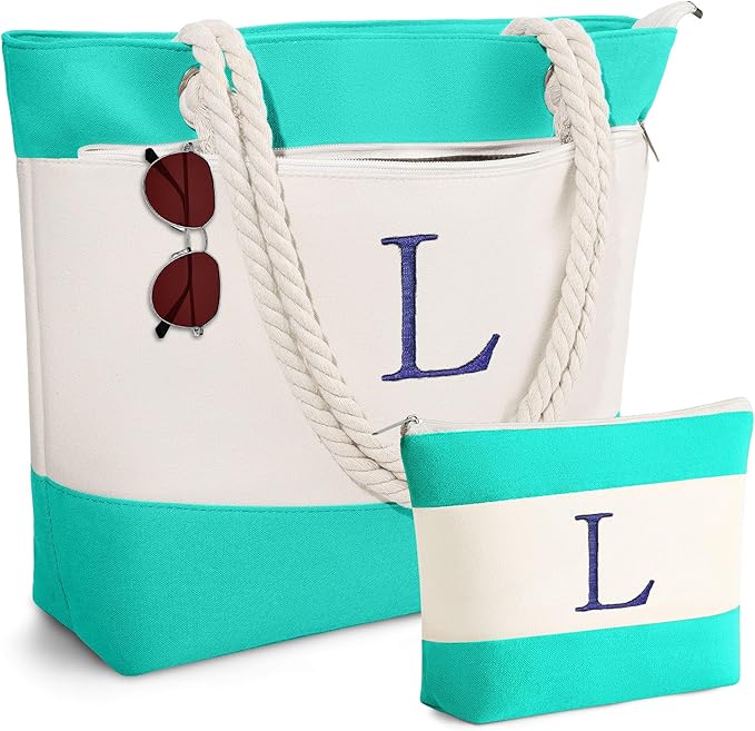 YOOLIFE Christmas Gifts for Women - Initial Canvas Tote Bag & Makeup Bag, Birthday Gifts for Women Mom Teacher Friend Sister