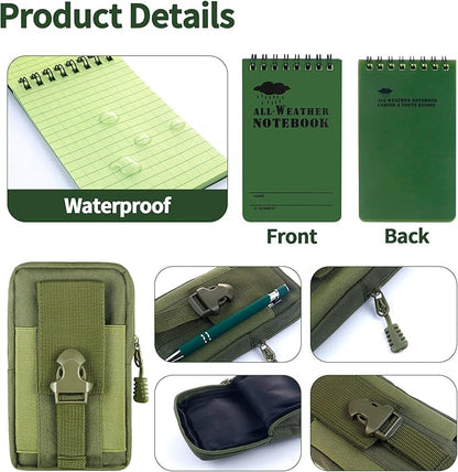 7 Piece Waterproof Notebook, 3 X 5 Inch Waterproof Notepad with Waterproof Weatherproof Pen and Waterproof Multi Functional Waist Pack for Outdoor Activities Recording (Army Green)