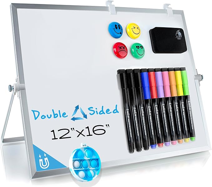 Dry Erase White Board for Kids, 16inX12in Large Magnetic Desktop Whiteboard with Stand Wall Hanger, 10 Markers, 4 Magnets, 1 Eraser, Portable Double-Sided Easel for Kids to Do List Desk Board