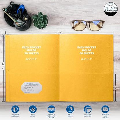 FILE-EZ Two-Pocket Folders, Yellow, 25-Pack, Textured Paper, Letter Size (EZ-32570)
